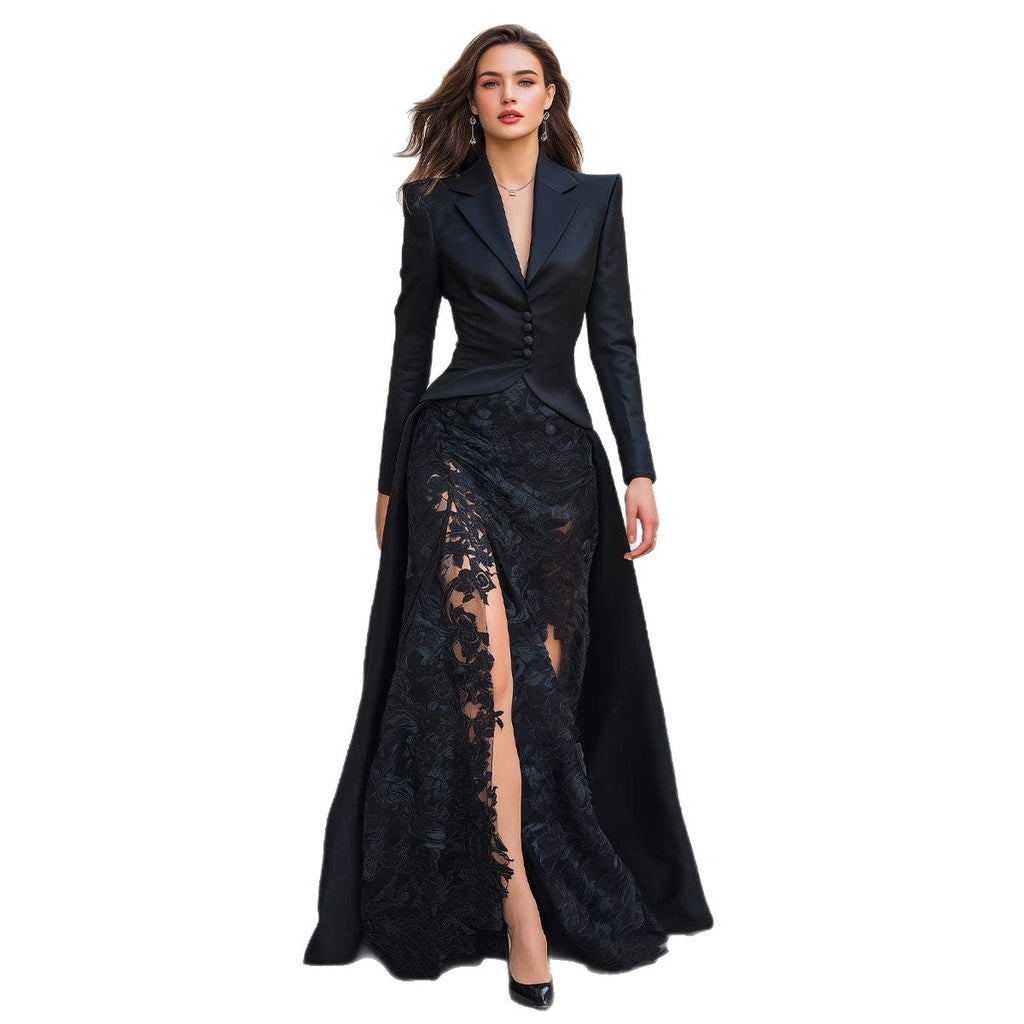Vestido de dos piezas elegante para mujer con cuello tipo americana, manga larga