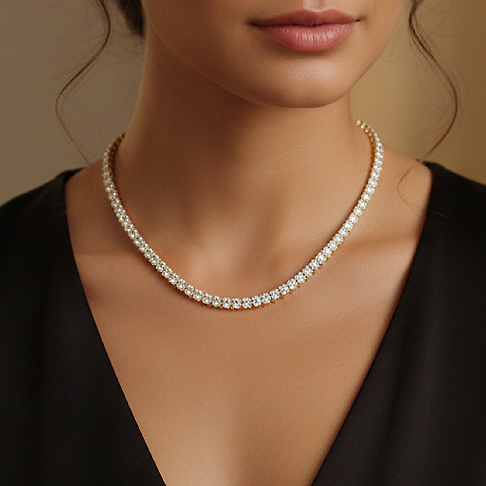 Copper Plated 18K Gold Zirconia Tennis Necklace Fashion Trendy Style Neck Chain
