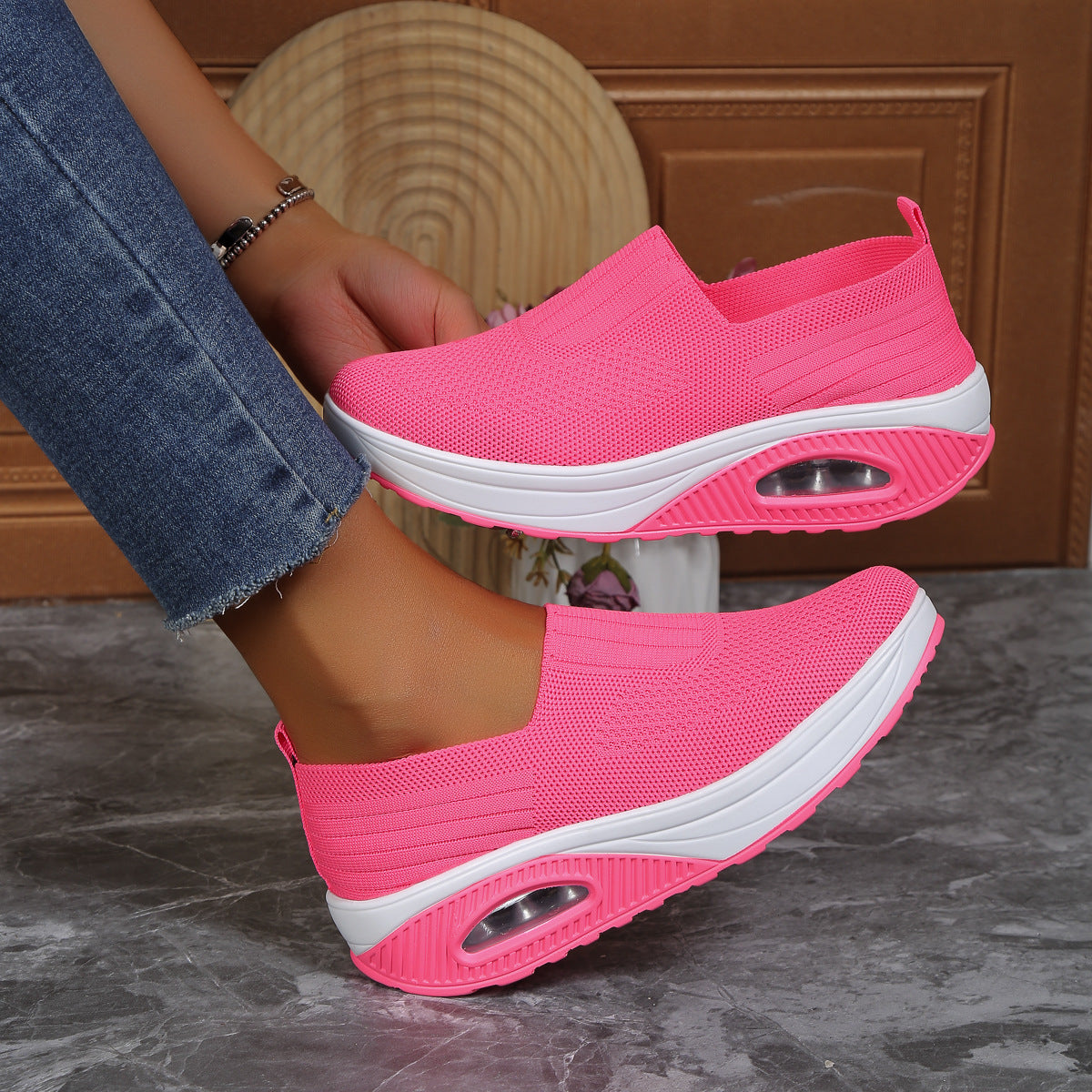 Zapatillas sin cordones para mujer con suela blanda gruesa tipo Air y tejido Flyknit
