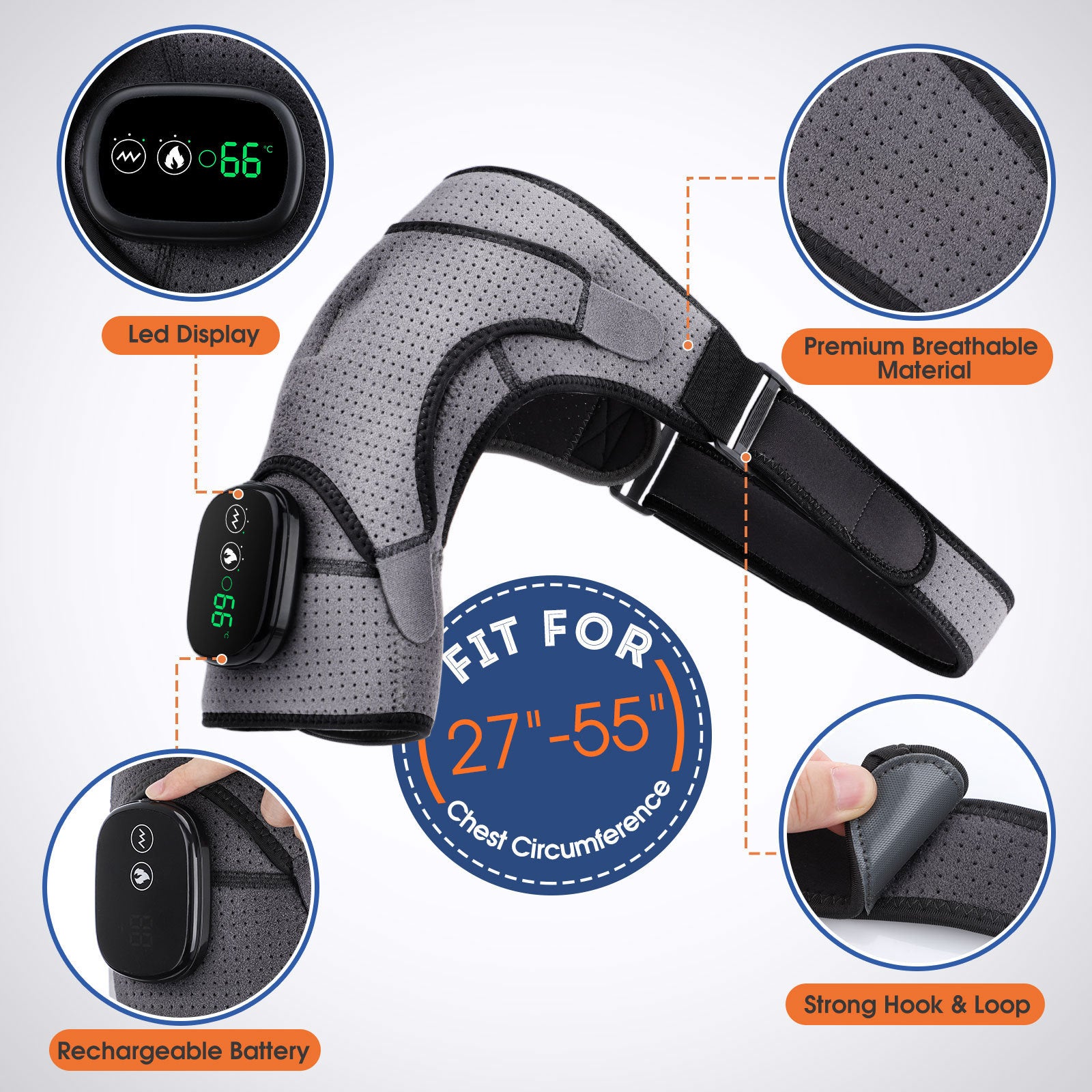 Massage Shoulder Support with Touchscreen Controller, Rechargeable Vibrating Heat Therapy Shoulder Massager Belt