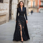 Vestido de dos piezas elegante para mujer con cuello tipo americana, manga larga