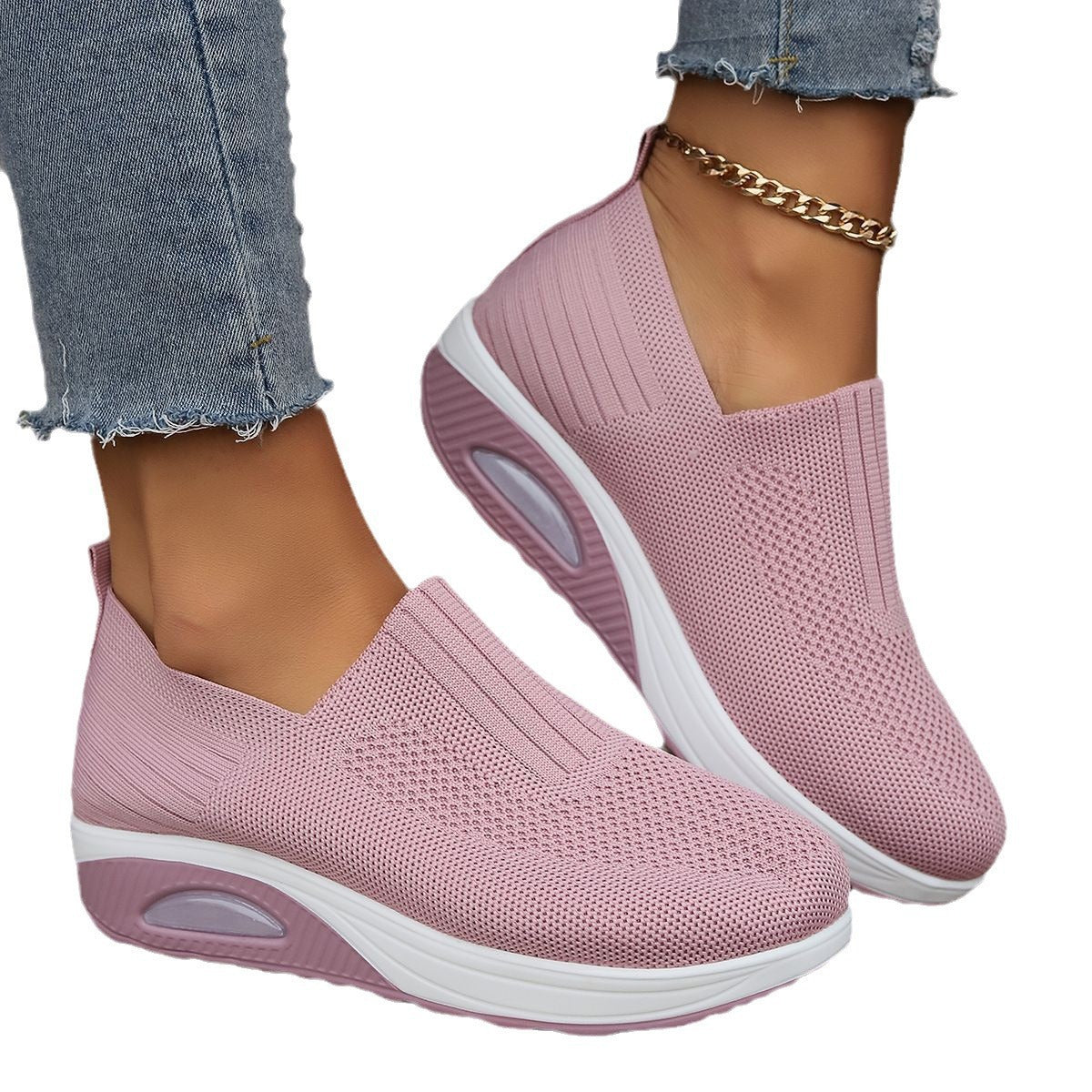 Zapatillas sin cordones para mujer con suela blanda gruesa tipo Air y tejido Flyknit