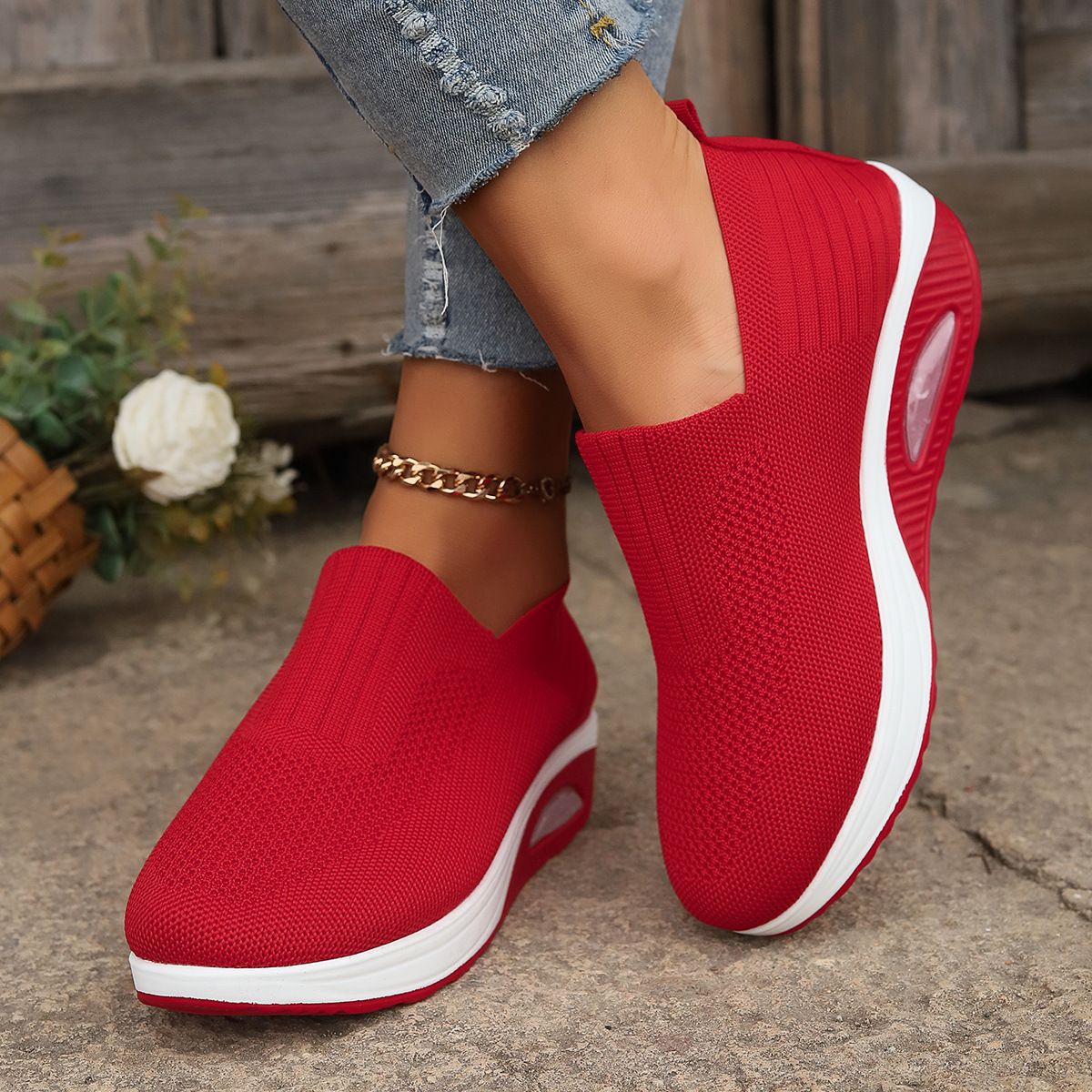 Zapatillas sin cordones para mujer con suela blanda gruesa tipo Air y tejido Flyknit